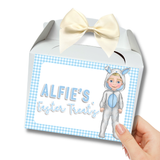 EASTER GINGHAM BLUE BUNNY ONESIE BOY PRINTED TREAT BOX LABELS- SOLVENT DECAL
