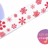 Red Snowflake Print 16 mm White grosgrain Ribbon - Eliza Henri Craft Supply