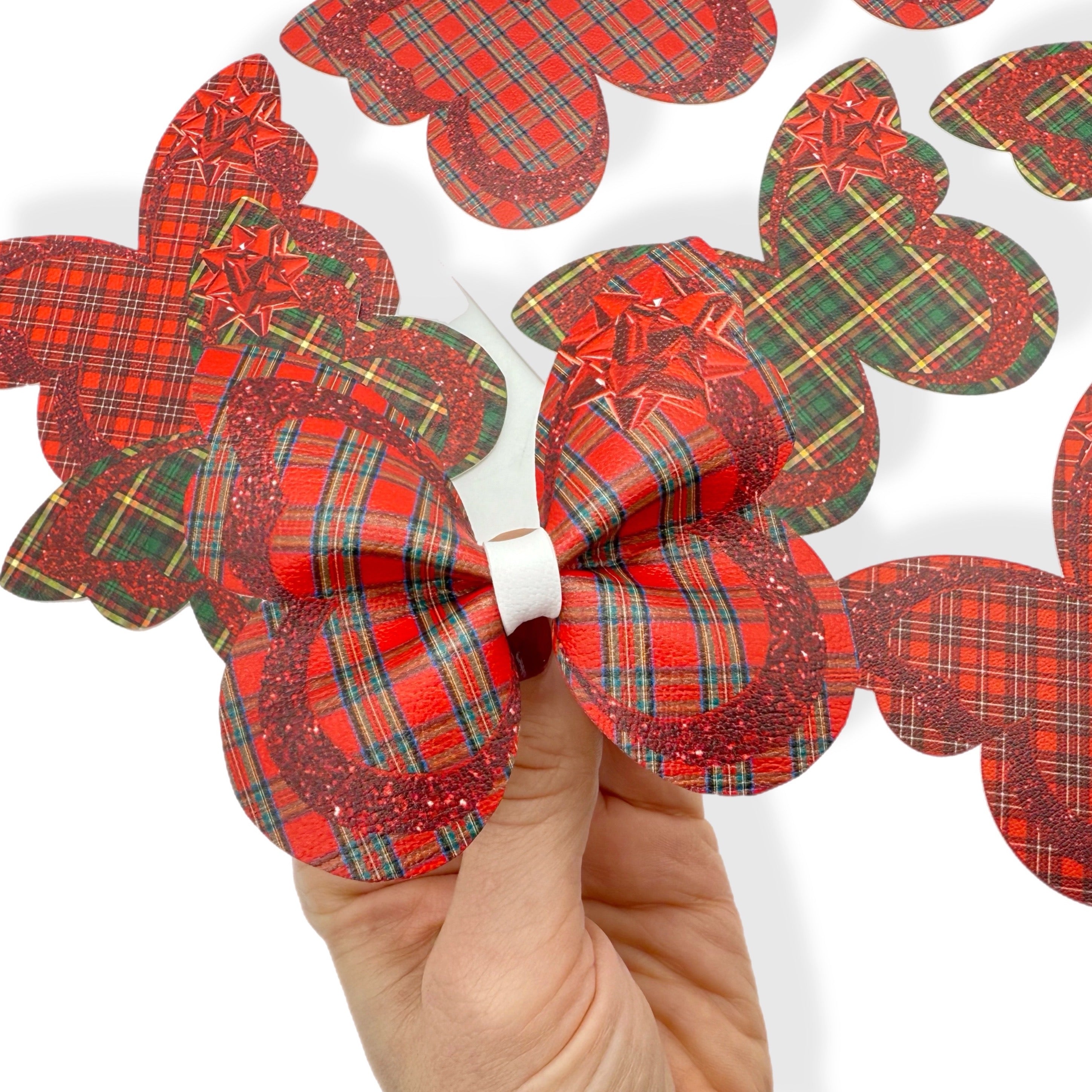 Tartan & Red Party Glitter Butterfly Pinch Bows - DIY Cut Out Faux Leather Fabric Sheets