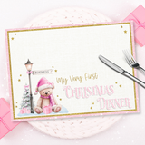 PINK BEAR MY VERY FIRST CHRISTMAS DINNER- PREMIUM LEATHERETTE PLACEMATS