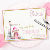 PINK BEAR MY VERY FIRST CHRISTMAS DINNER- PREMIUM LEATHERETTE PLACEMATS