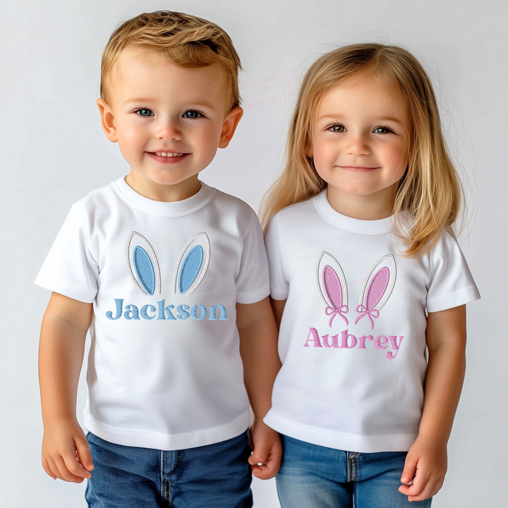 CUSTOM DTF TRANSFER - BUNNY EARS BLUE- EMBROIDERY EFFECT