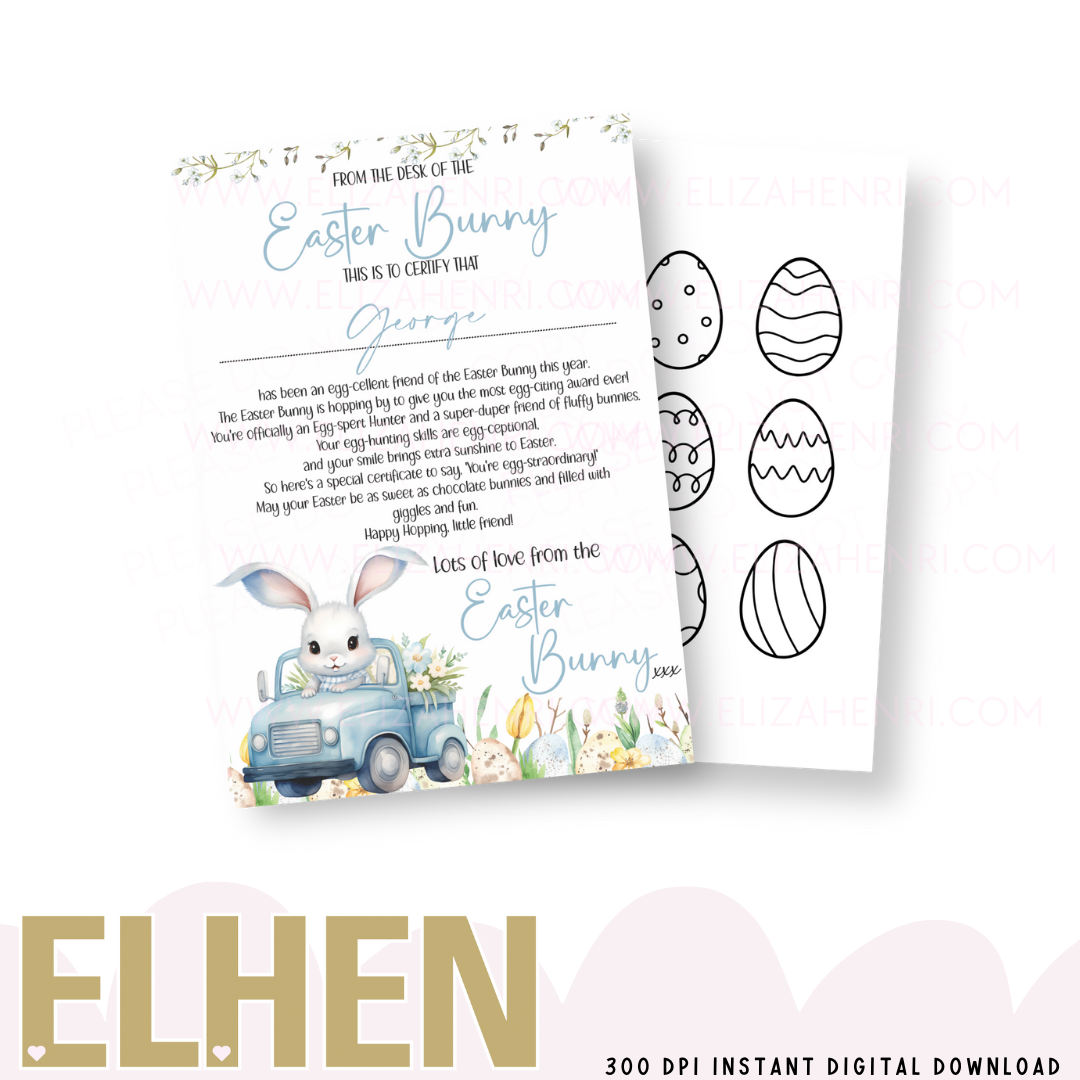 Easter Bunny Boy Blue Easter Certificate Digital Download