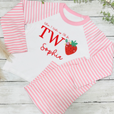 CUSTOM DTF TRANSFER - WHEN I WAKE UP I’LL BE TWO- STRAWBERRIES- EMBROIDERY EFFECT