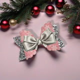 Gift wrapped with a bow Pink & Silver 3.5” | Pre Cut DIY Hair Bow Loops