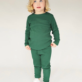 KIDS FOREST GREEN RIBBED LOUNGE SETS- UNISEX PYJAMAS