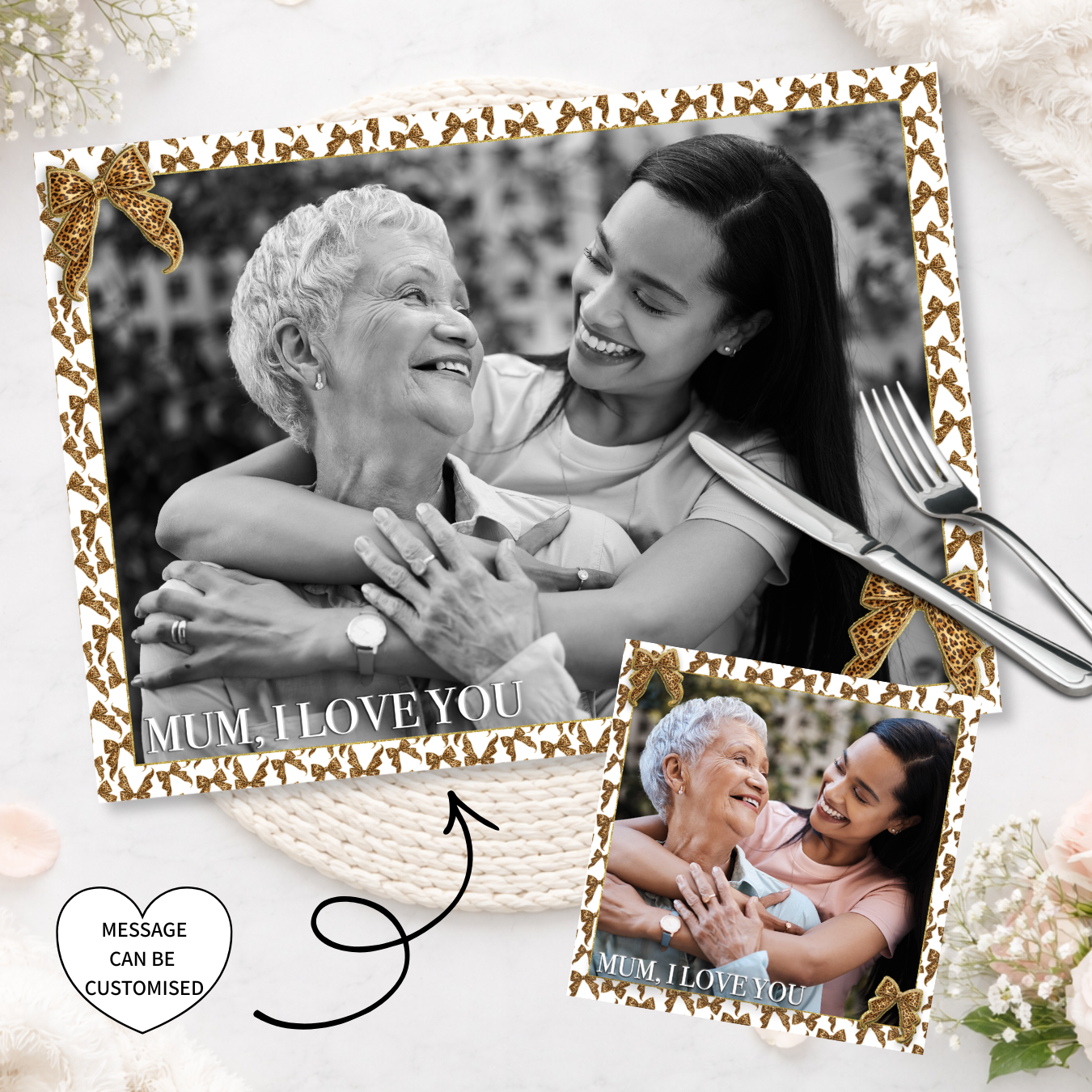 MOTHERS DAY- LEOPARD BOWS CUSTOM PHOTO MESSAGE- PREMIUM LEATHERETTE PLACEMAT - Eliza Henri