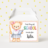 FIRST DAY OF SCHOOL RAINBOW TREAT BOX LABELS- PINK BEAR