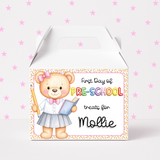 FIRST DAY OF PRE-SCHOOL TREAT BOX LABELS- PINK BEAR