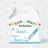 FIRST DAY TREATS BOX LABELS- BLUE PENCIL