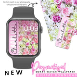 Pink & Green Flower Wall Personalised Smart Watch Wallpaper- Set of 4