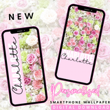 Pink & Green Flower Wall Personalised Phone Wallpaper- Set of 2