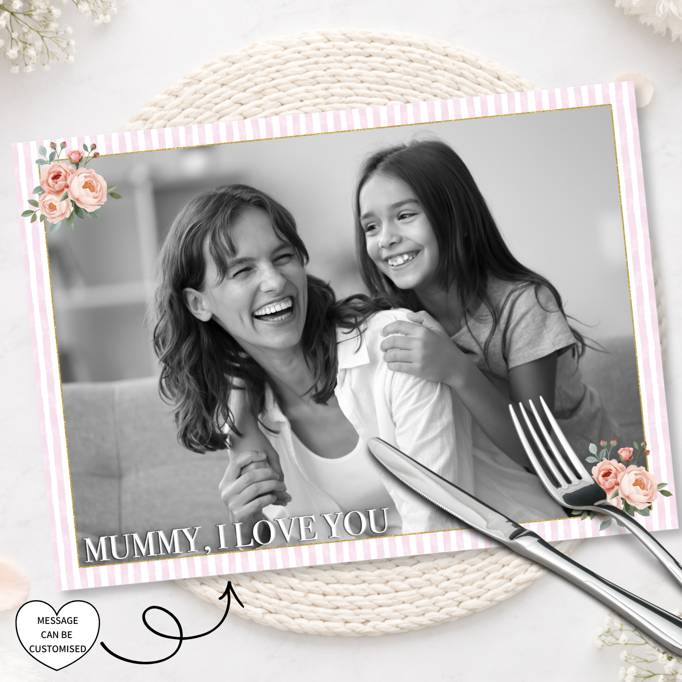 MOTHERS DAY- PINK STRIPE CUSTOM PHOTO MESSAGE- PREMIUM LEATHERETTE PLACEMAT - Eliza Henri