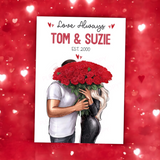 PERSONALISED COUPLES LOVE ALWAYS RED BOUQUET PREMIUM CARD OR CANVAS PRINTS