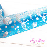Blue Holographic Shells & Mermaid Tails Foil Grosgrain Ribbon 3''