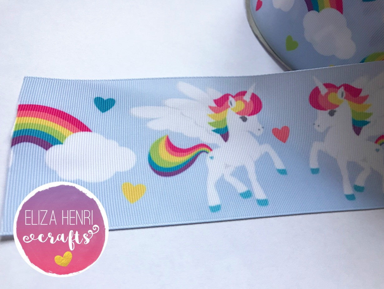 Pale Blue Rainbow Unicorn Grosgrain Ribbon 2'' or 3'' - Eliza Henri Craft Supply